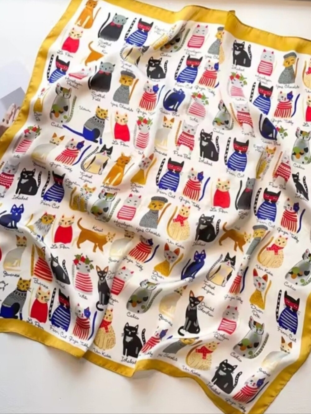 Cat Print Silk-Feel Scarf with Mustard Border